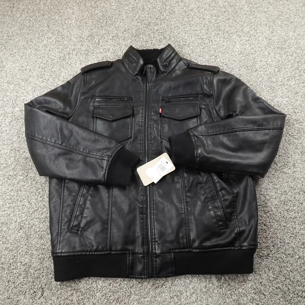 NEW Levis Jacket Mens XL Black Faux Leather Sherpa Lined Zip Trucker Bomber Coat